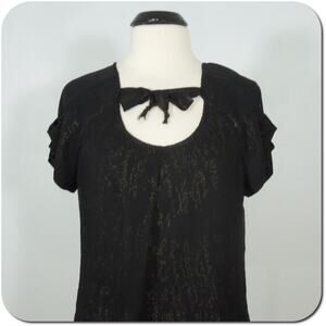 GAP Blouse L LARGE Womens Black Shimmer Gold Neck Tie Pleated Sleeves